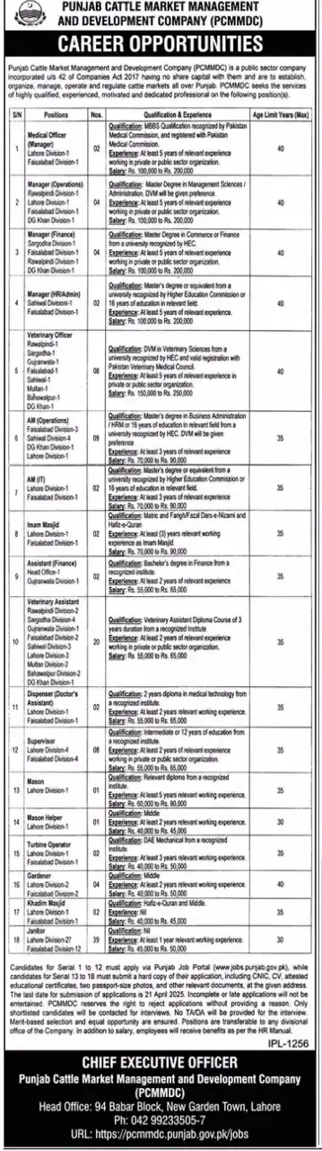 Punjab Cattle Market Management and Development Company Jobs 2025 Advertisement