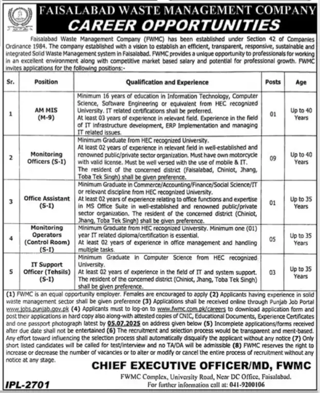 Faisalabad Waste Management Company Jobs 2025 Advertisement