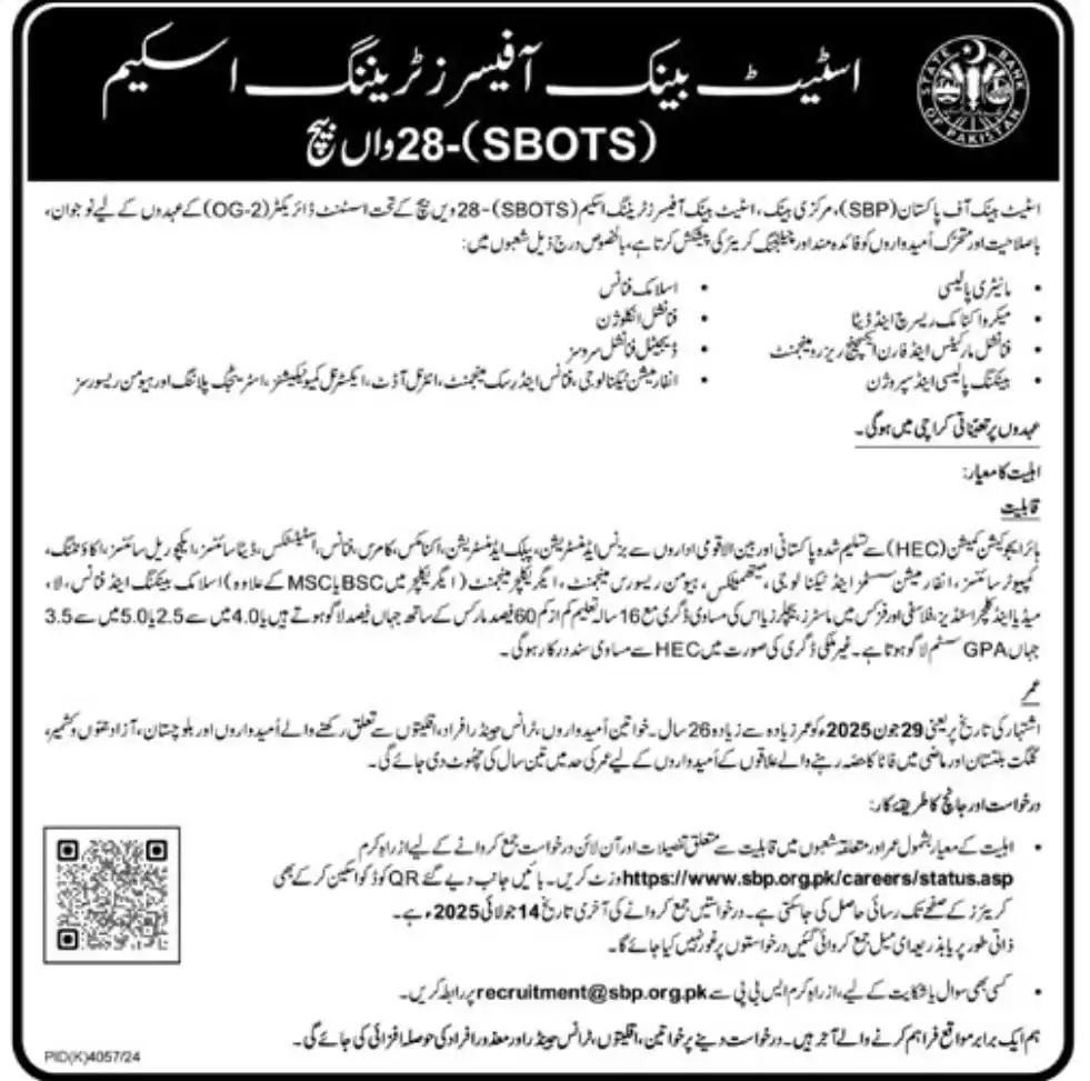 lastest Advertisement for SBP Jobs 2025